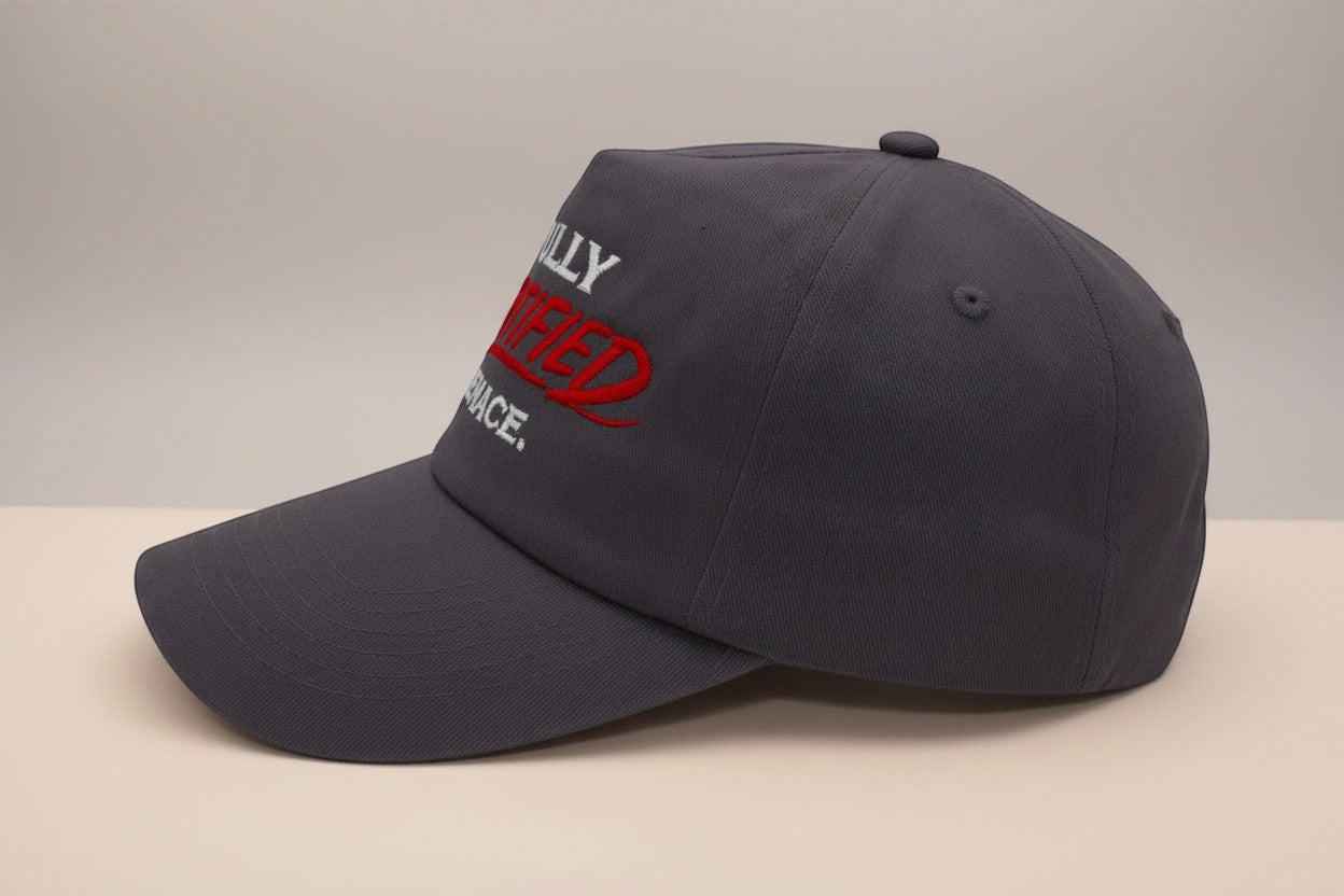 The Cap Shack charcoal grey 5-panel cotton cap with "FULLY CERTIFIED MENACE" embroidered in white and red.